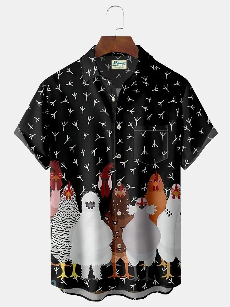 Funny Chicken Footprint Pattern Black Hawaiian Shirt for Men