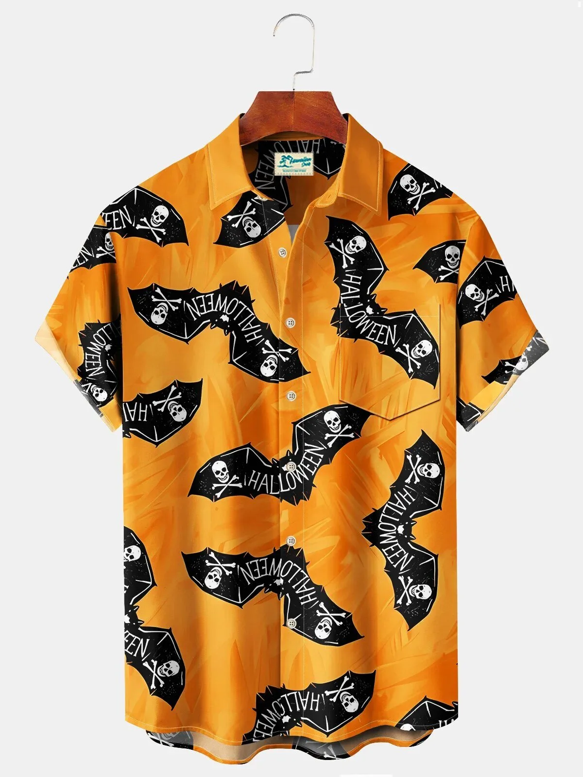 Halloween Orange Bat Skull Crossbones Pattern Men's Hawaiian Shirt