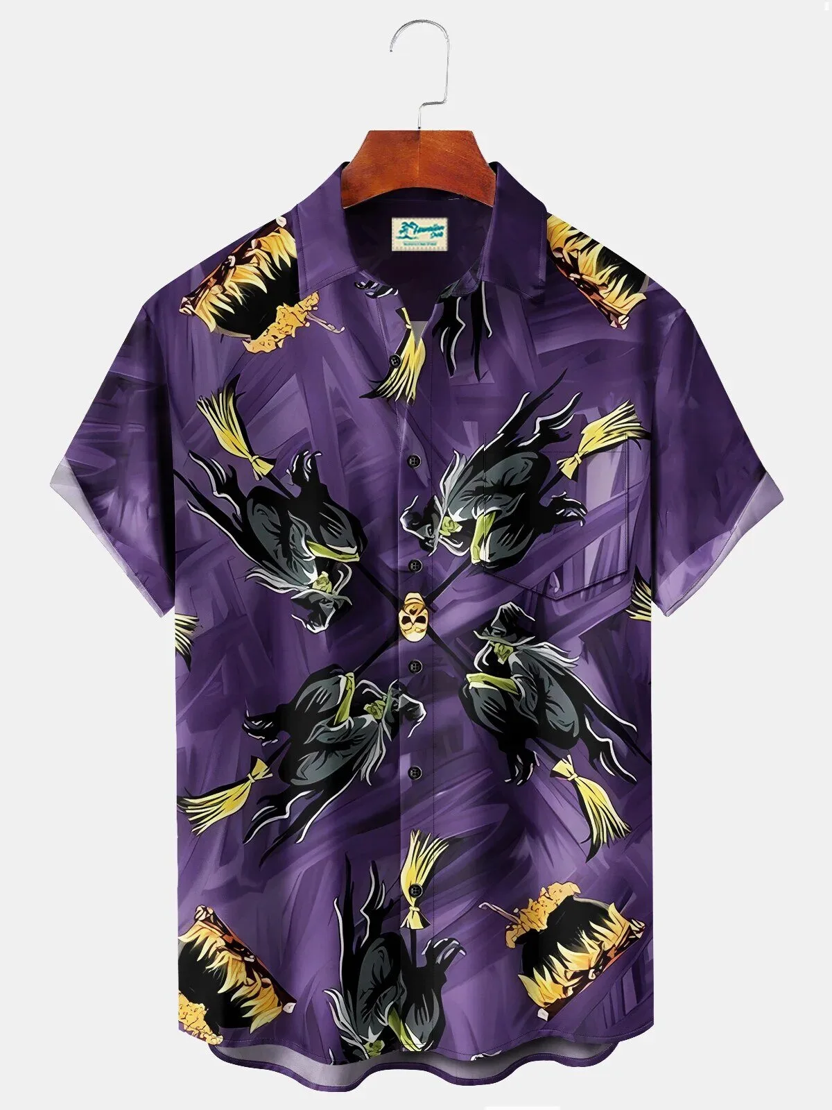 Halloween Witch Riding Broomstick Purple Pattern Men's Hawaiian Shirt