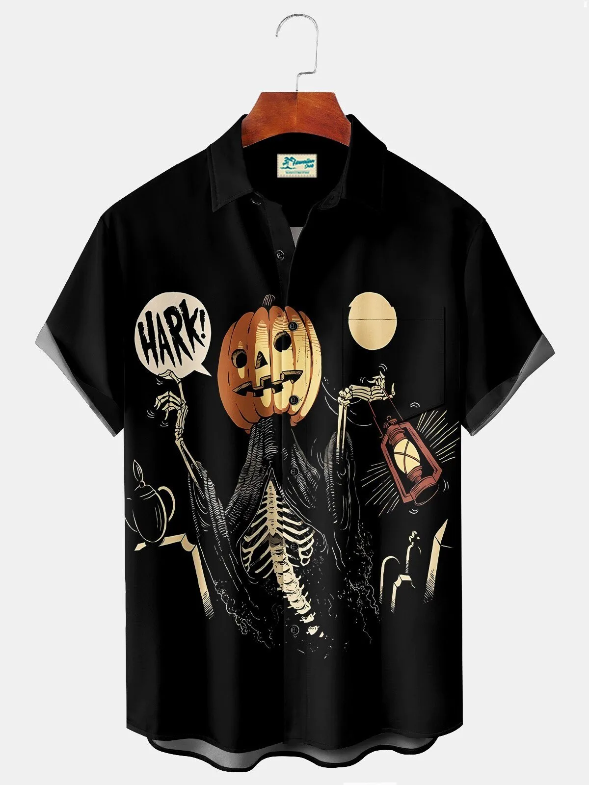 Halloween Pumpkin Head Skeleton Holding Lantern Black Hawaiian Shirt