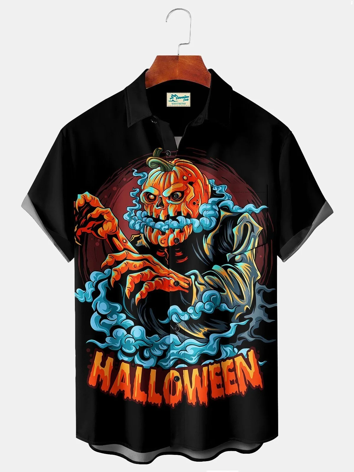 Casual Hawaiian Shirt for Men with Black Halloween Pumpkin Monster Design
