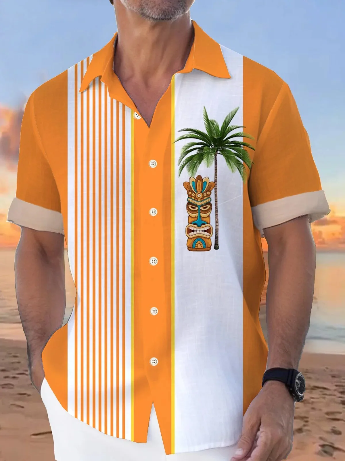 Men's Hawaiian Tiki Coconut Tree Print Button-Down Short Sleeve Shirt