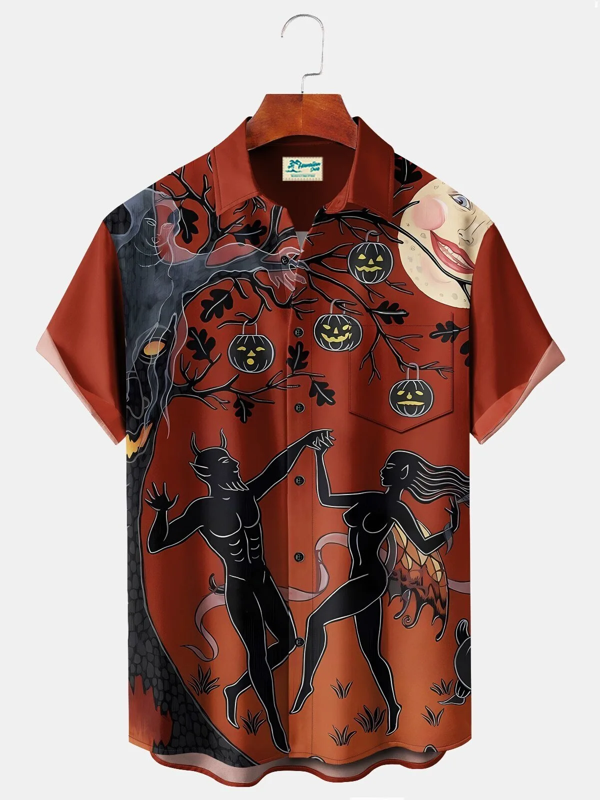 Halloween Devil and Witch Dance Under Pumpkin Moon Tree Men's Hawaiian Shirt