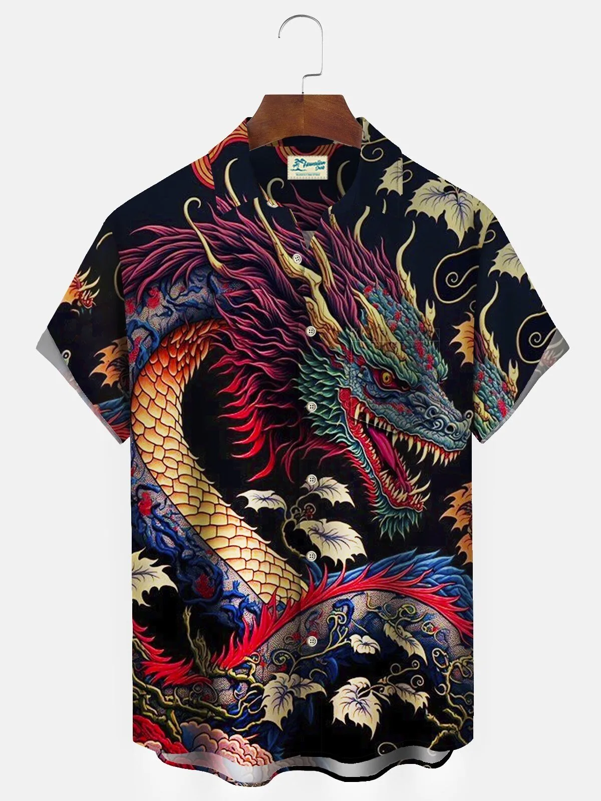 Japanese Dragon Art Men's Hawaiian Shirt, Oriental Mythical Beast Aloha Shirt