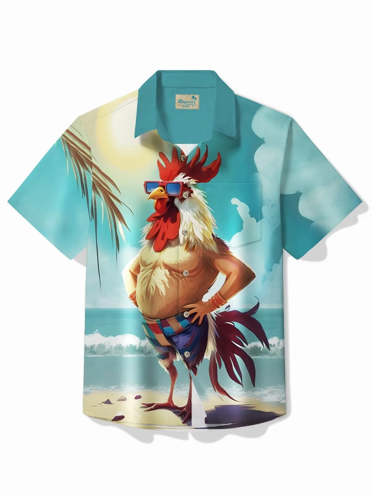 Funny Rooster Wearing Sunglasses Beach Scene Men's Hawaiian Shirt