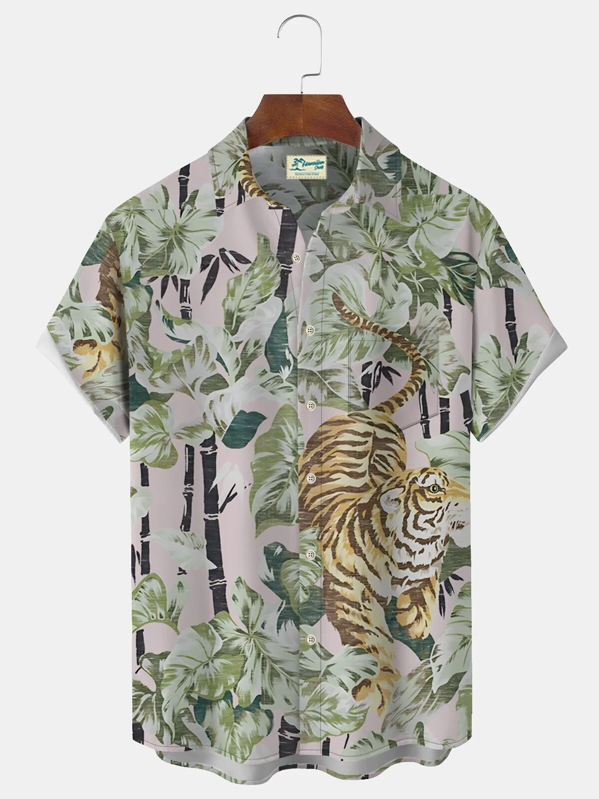 Tiger and Tropical Leaves Print Men's Button Down Short Sleeve Hawaiian Shirt