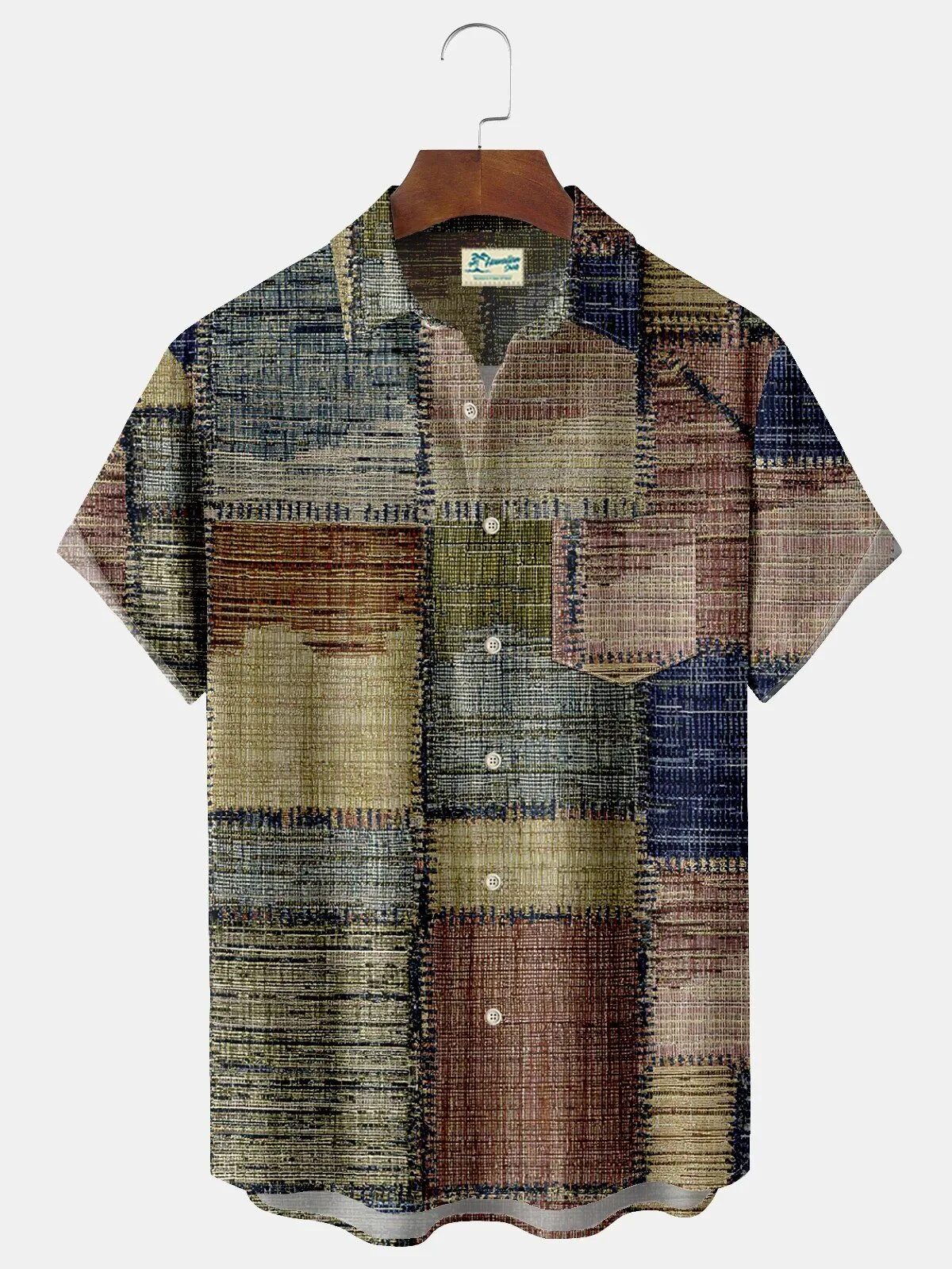 Men's Hawaiian Shirt with Pockets Featuring a Geometric Patchwork Design
