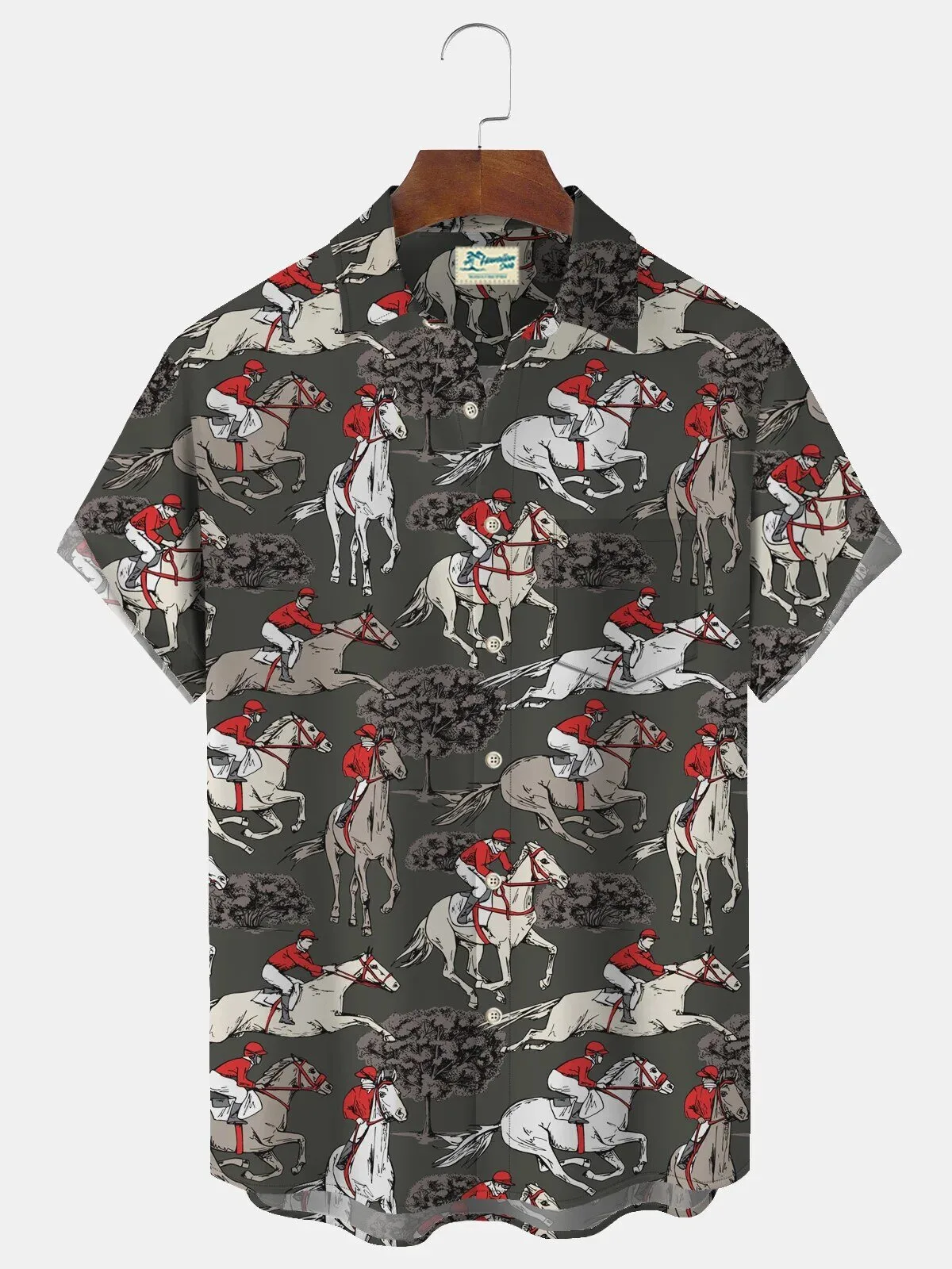 Men's Hawaiian Shirt in Dark Gray Featuring Vintage Horse Racing Jockey Design