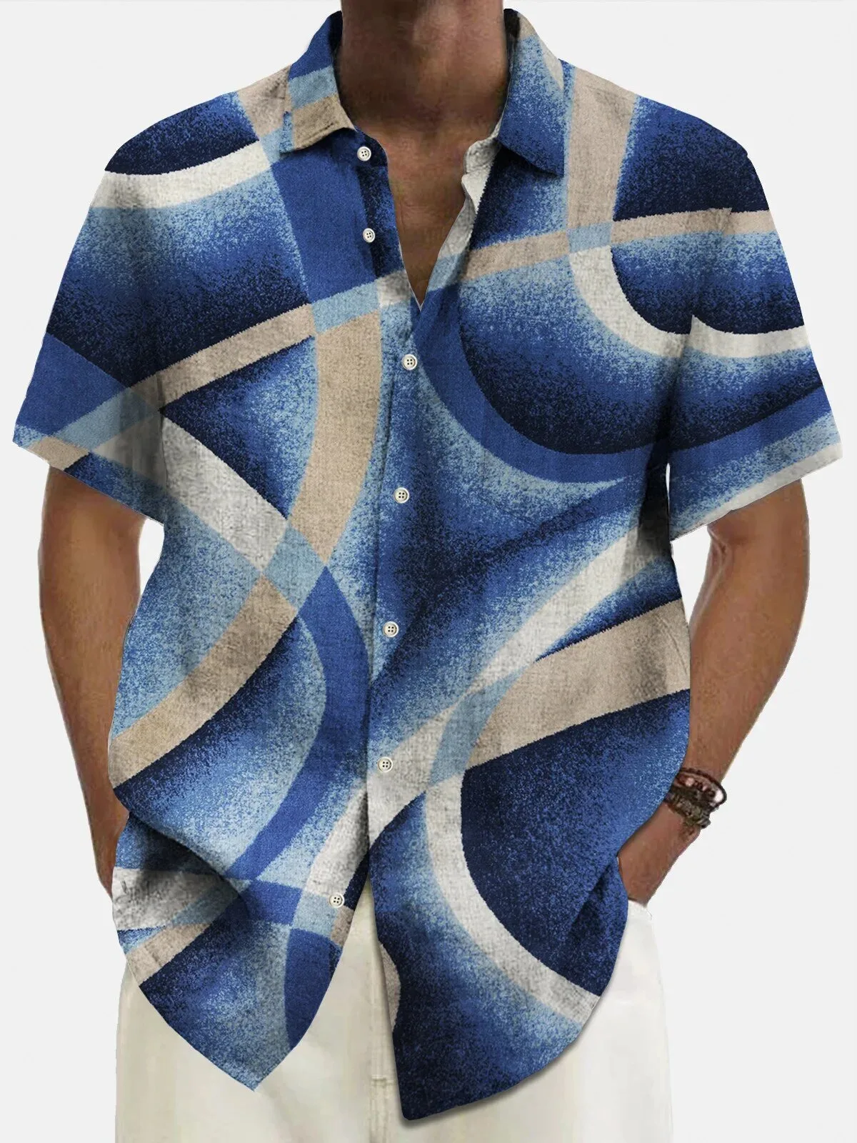Retro Mid-Century Geometric Art Blue Men's Aloha Button Down Hawaiian Shirt