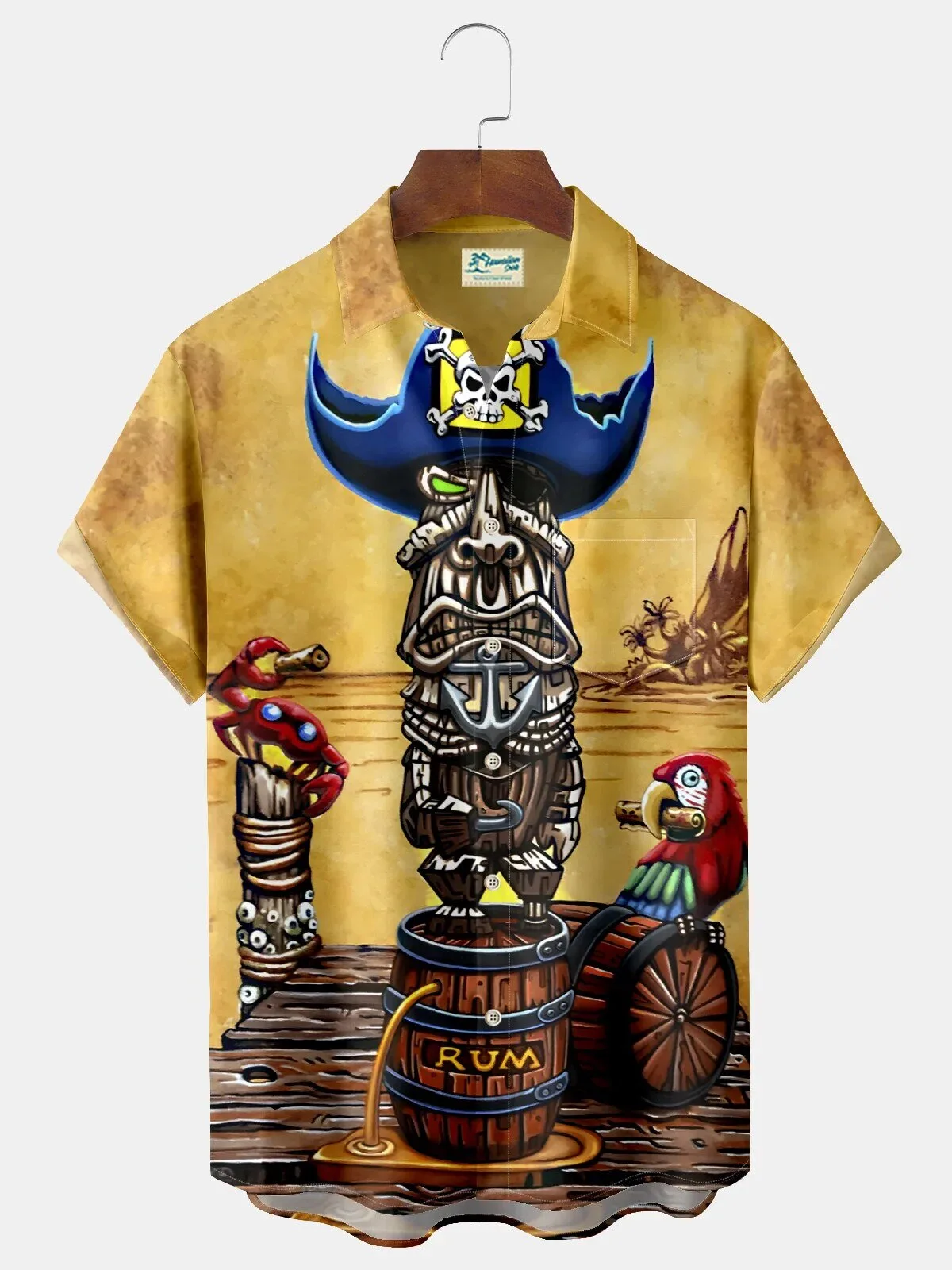 Pirate Tiki Totem Rum Barrel Parrot Hawaiian Beach Shirt with Pockets