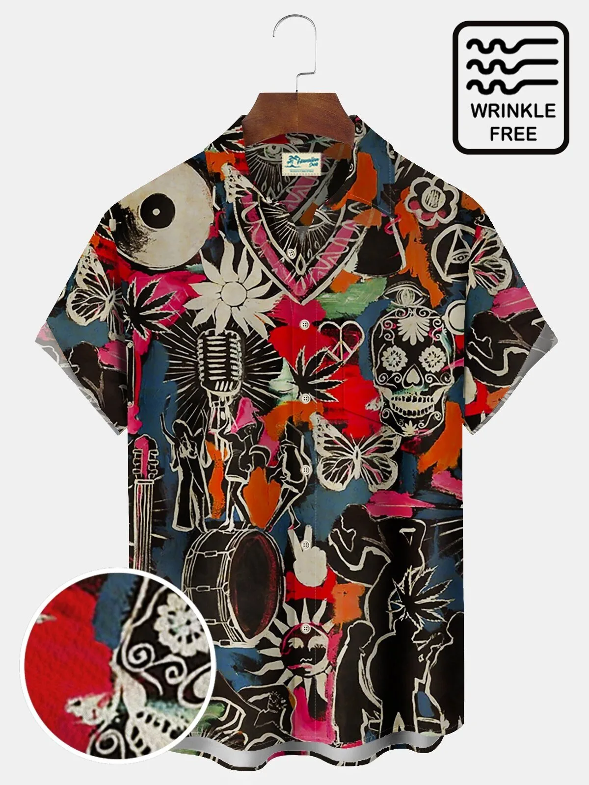 Aloha Hawaiian Shirt with Vintage Floral Skull Design and Anti-Wrinkle Seersucker Fabric