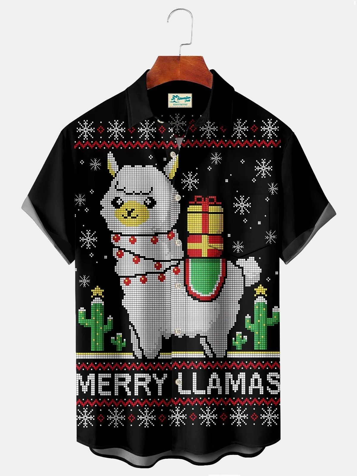 Merry Llamas Christmas Holiday Pixel Art Ugly Sweater Style Hawaiian Shirt