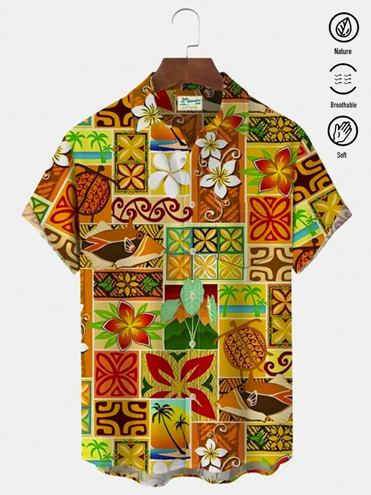 Tropical Hawaiian Orange Turtle Coconut Tree Beach Holiday Men's Hawaiian Shirt