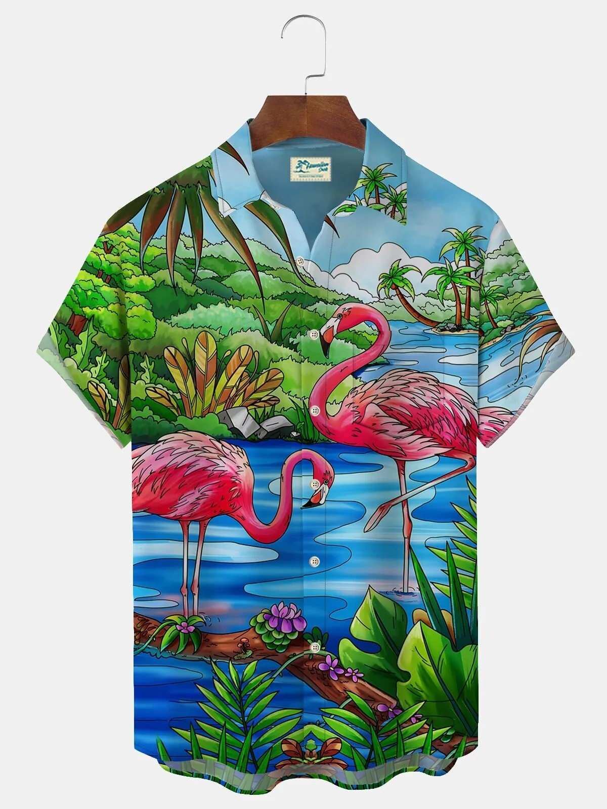 Flamingo Paradise Tropical Jungle River Scene Hawaiian Button-Up Shirt