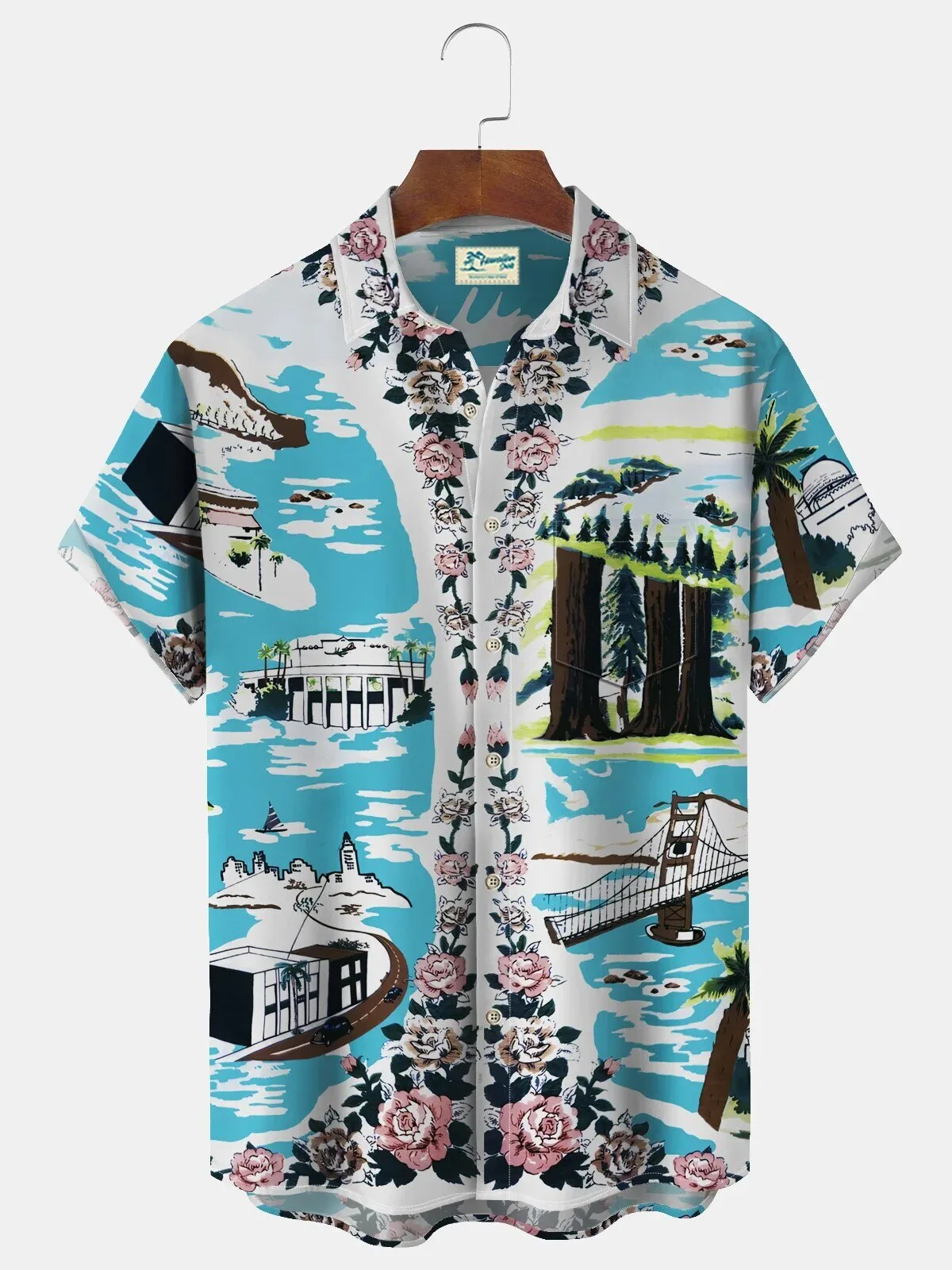 California Golden Gate Bridge Redwood Forest Floral Print Hawaiian Shirt
