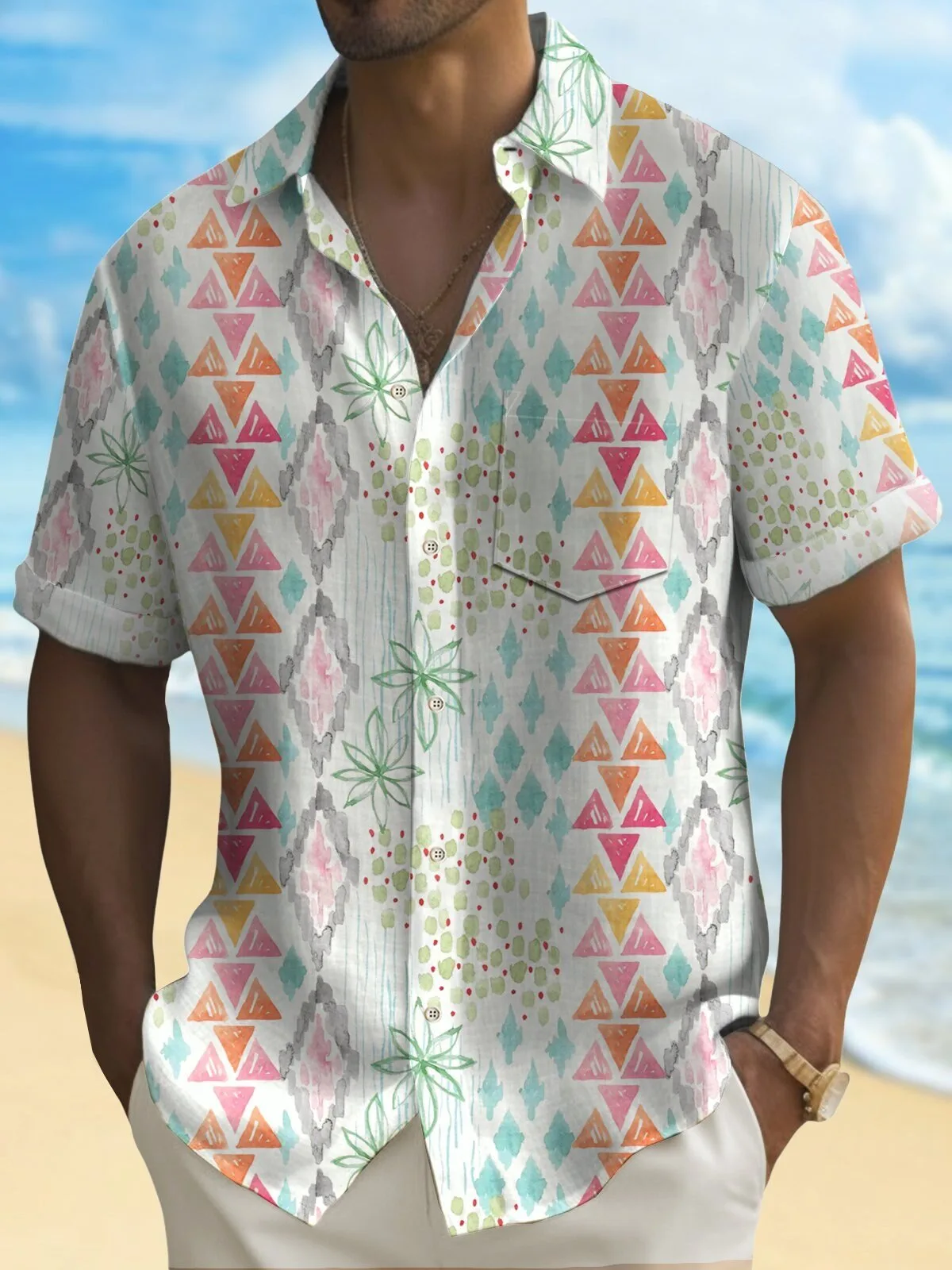 Watercolor Geometric Pineapple Pattern Men's Hawaiian Shirt Tropical Beach Vacation Apparel