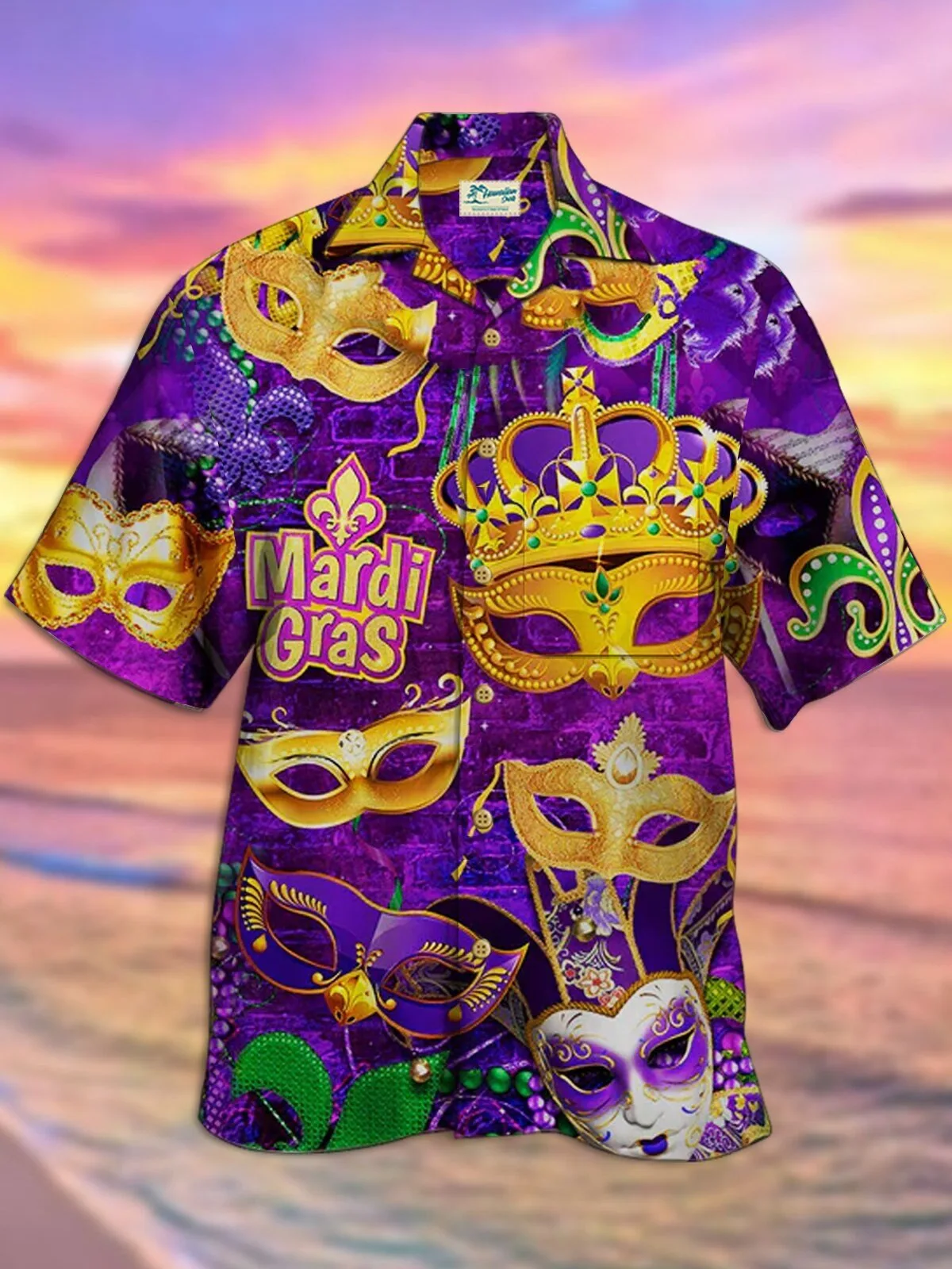 Mardi Gras Mask Bead Print Purple Hawaiian Shirt for Men