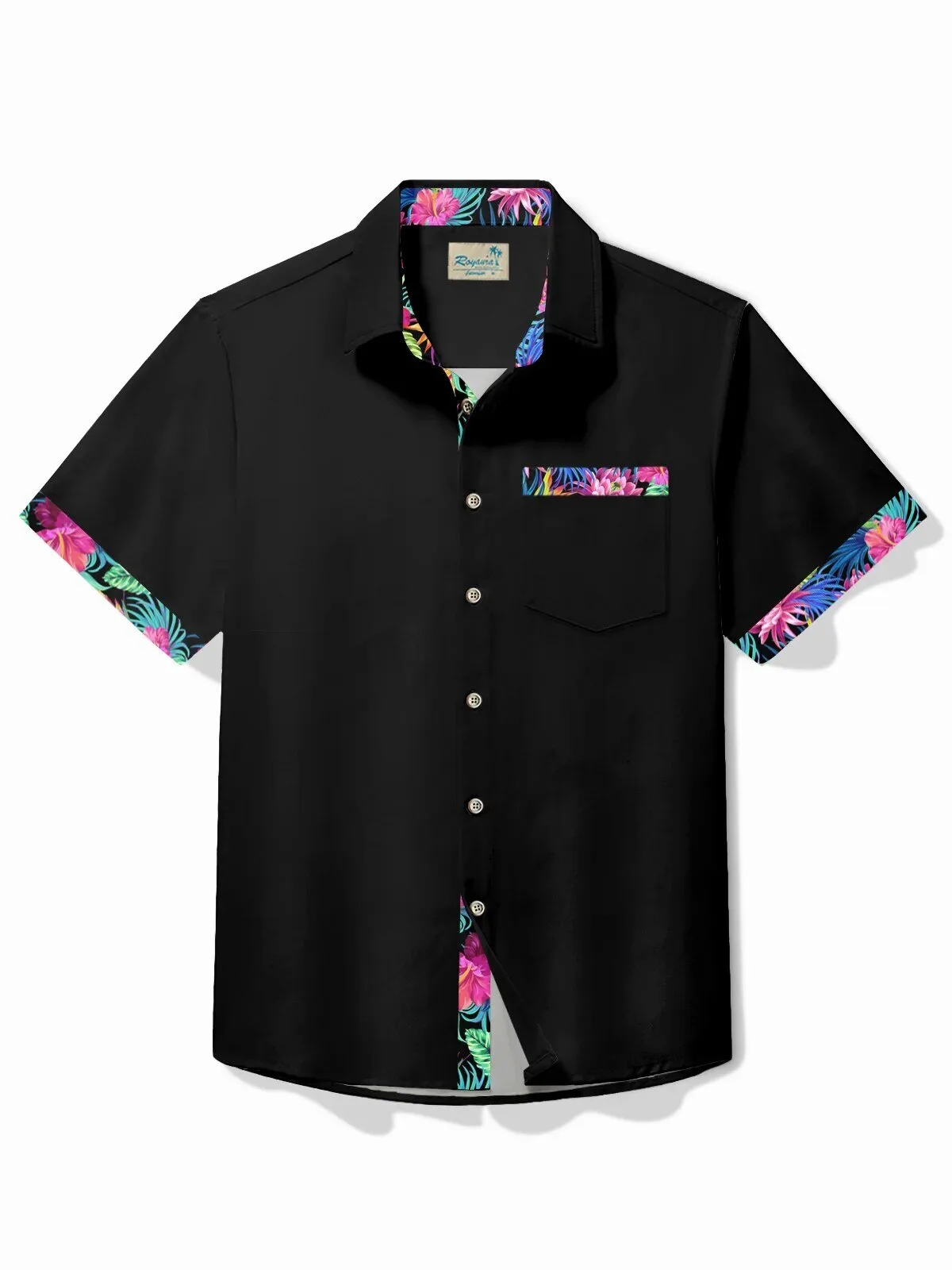 Men's Black Floral Patchwork Short Sleeve Button Up Hawaiian Shirt 1 Men