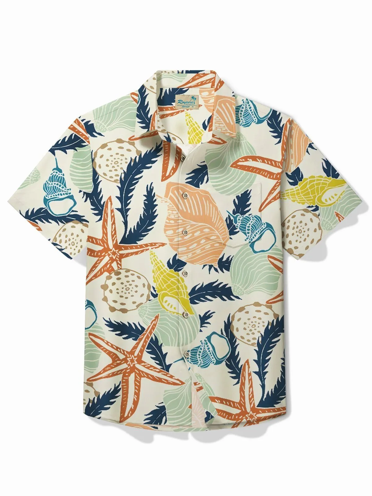 Sea Life Khaki Men's Hawaiian Shirt with Starfish and Seashells Print