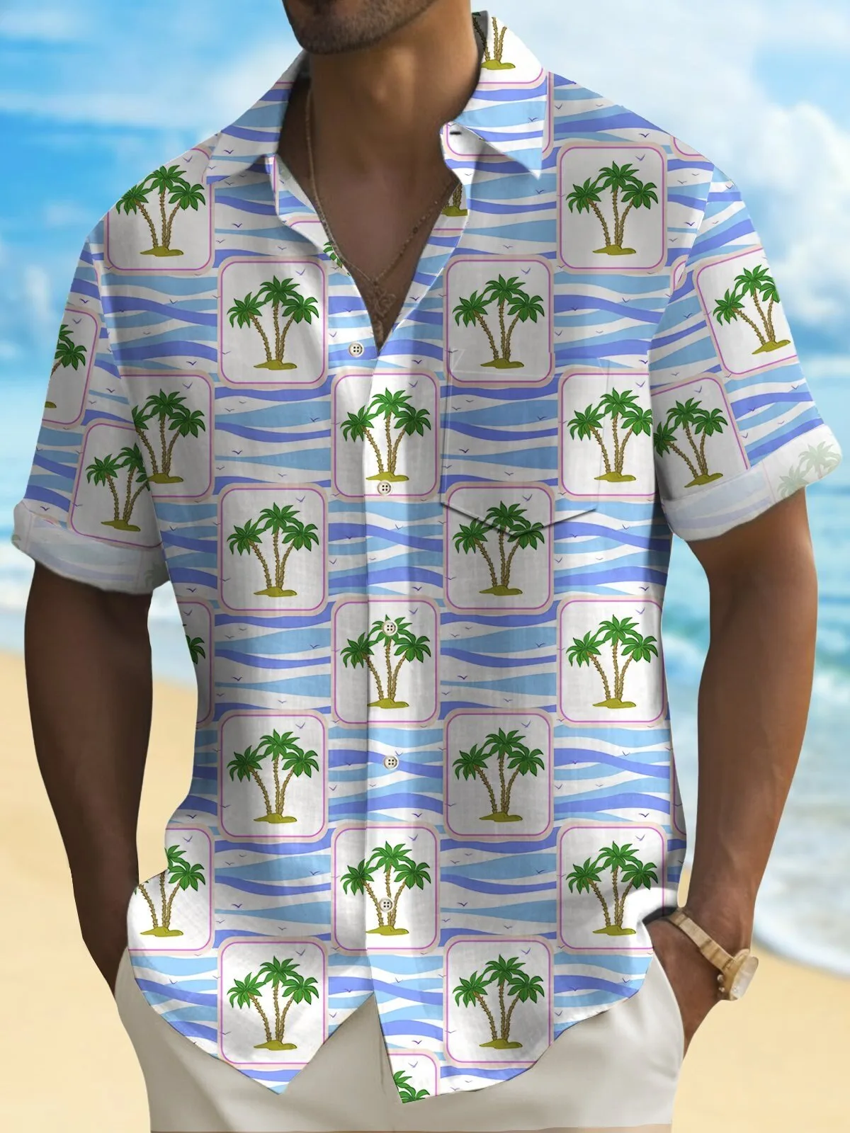 Coconut Tree Check Art Hawaiian Shirt Men's Beach Vacation Short Sleeve Button Down
