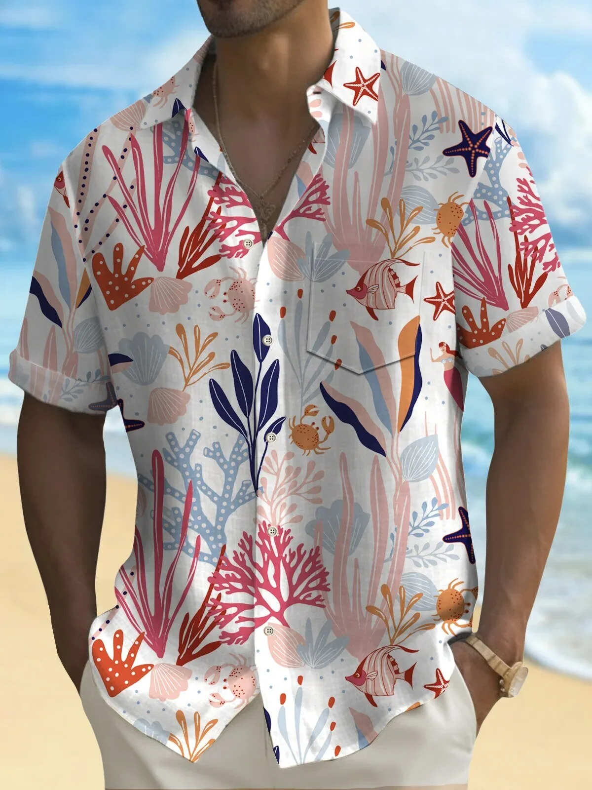 Sea Life Pink Coral Reef Ocean Beach Men's Tropical Hawaiian Shirt
