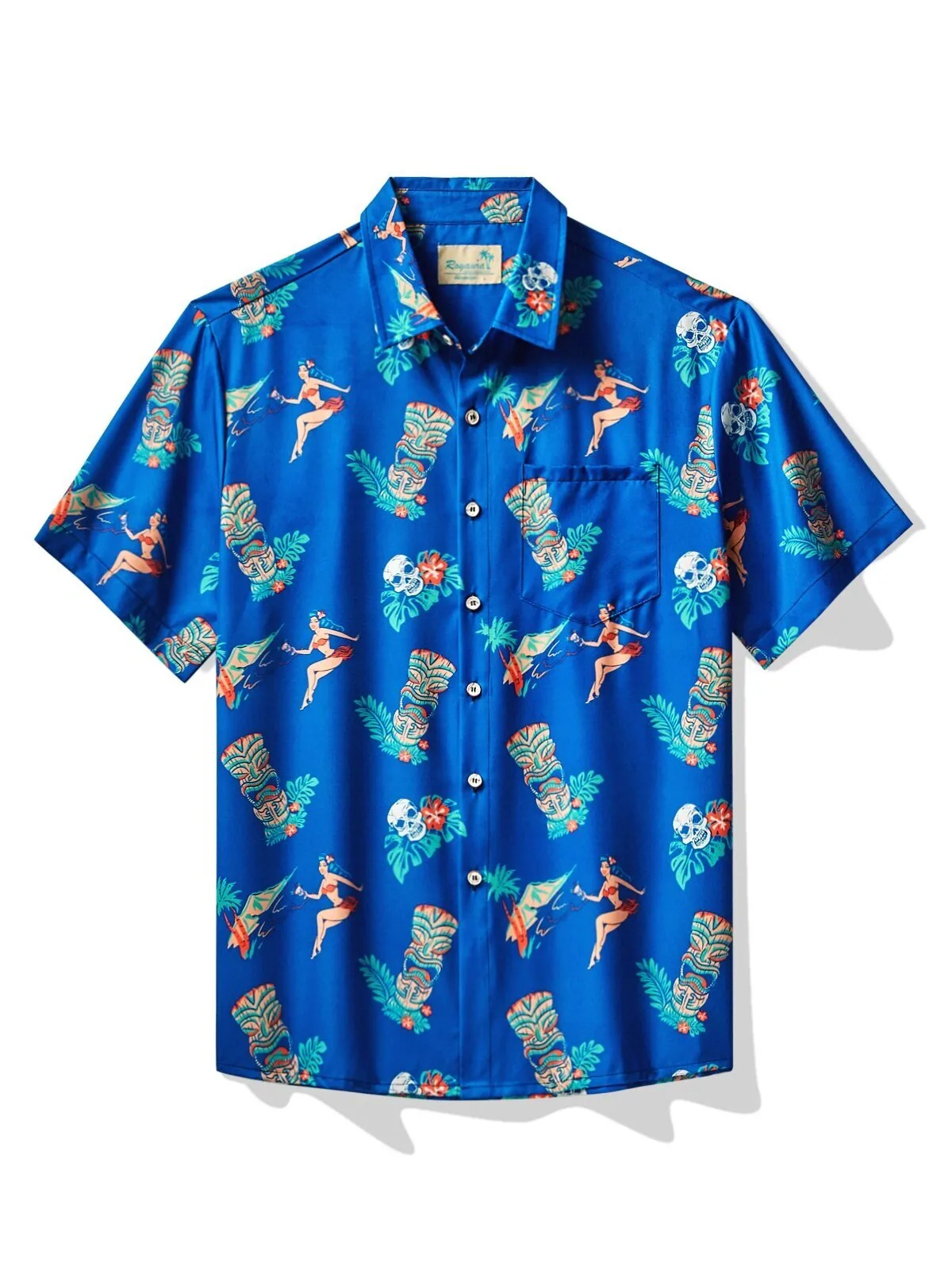 Royal Blue Hawaiian Tiki Print Men's Button Pocket Short Sleeve Hawaiian Shirt