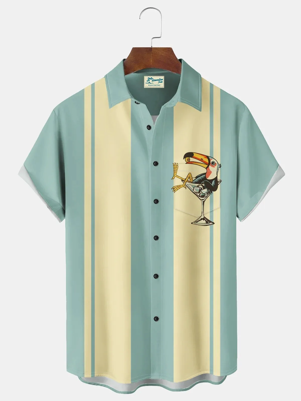Retro Bowling Toucan Cocktail Print Hawaiian Shirt for Men