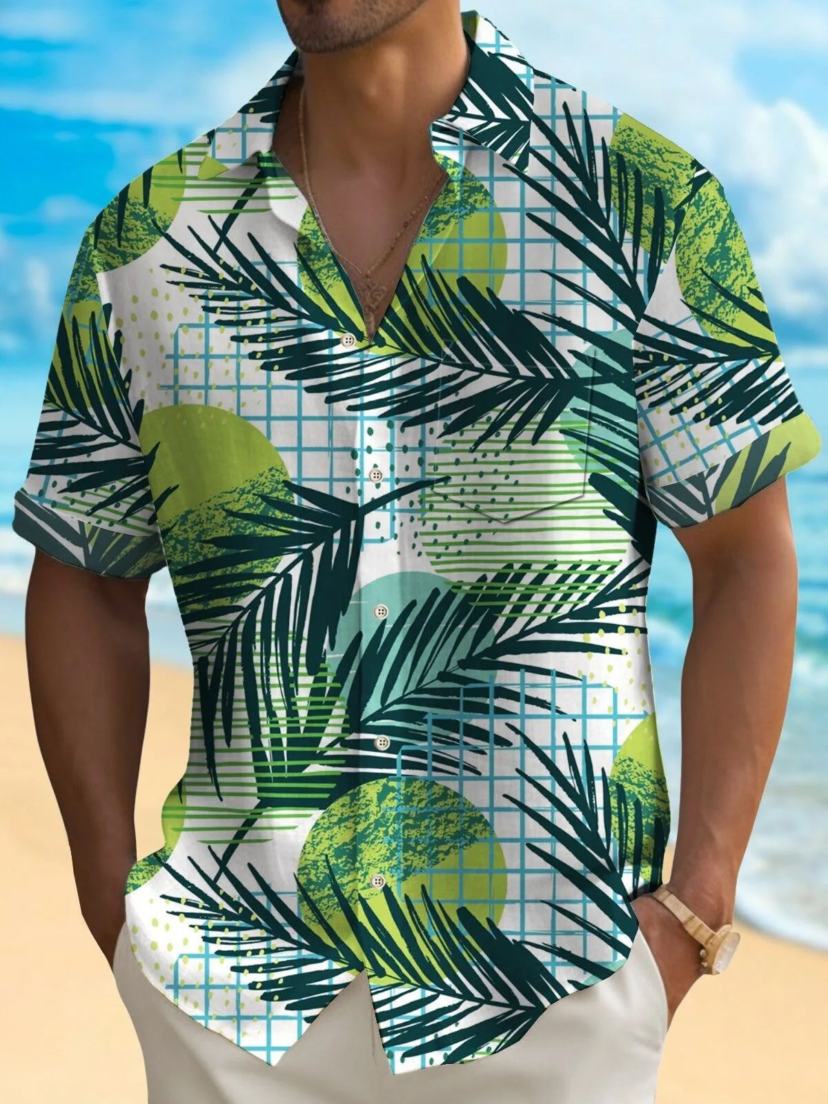 Tropical Palm Leaves Botanical Geometric Print Men's Button Down Hawaiian Shirt