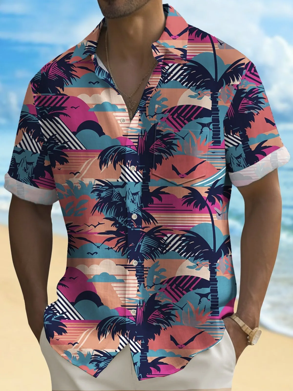 Tropical Sunset Palm Tree Beach Vacation Hawaiian Shirt for Men