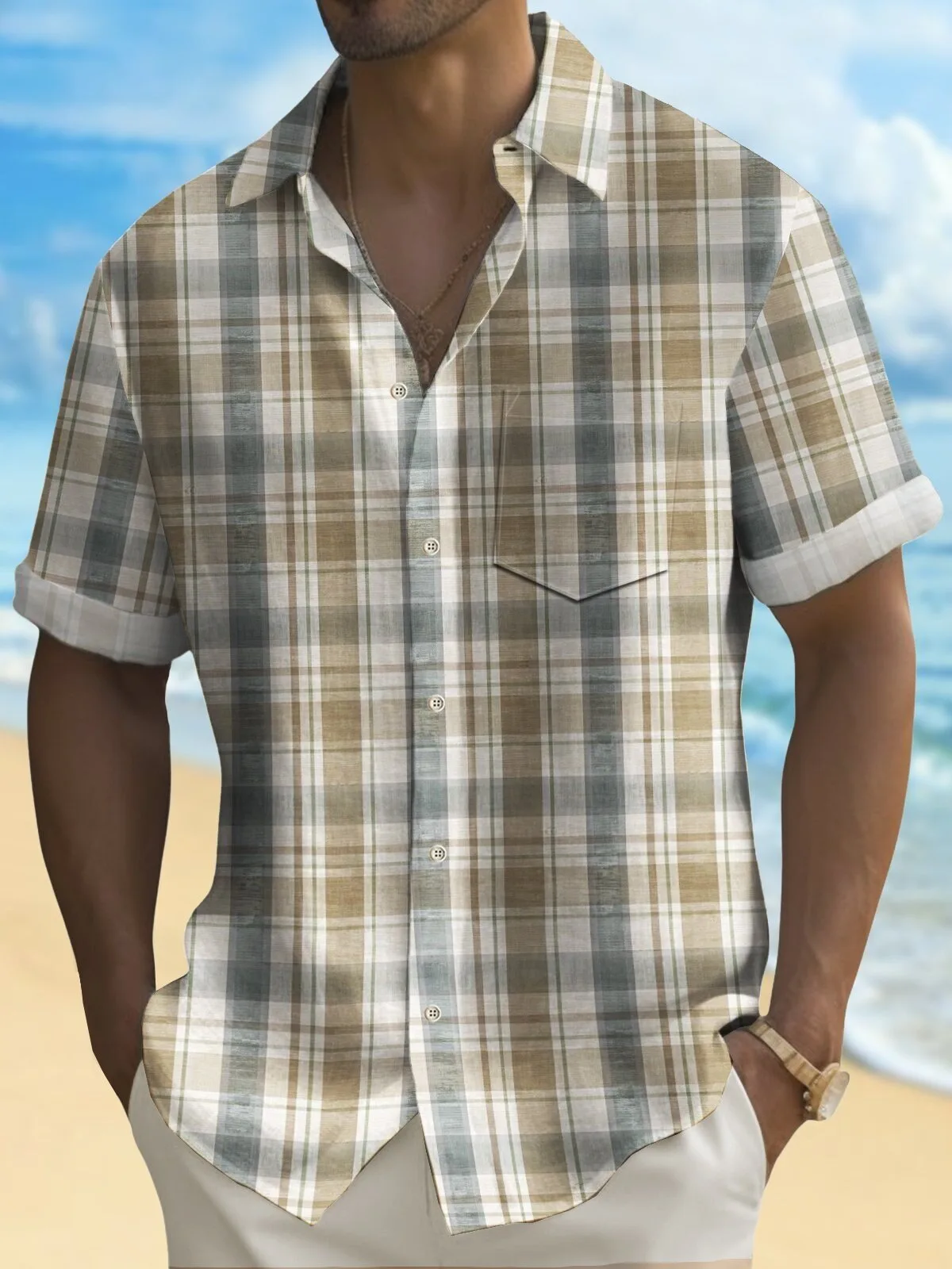 Men's Plaid Print Button-Up Short Sleeve Casual Hawaiian Shirt