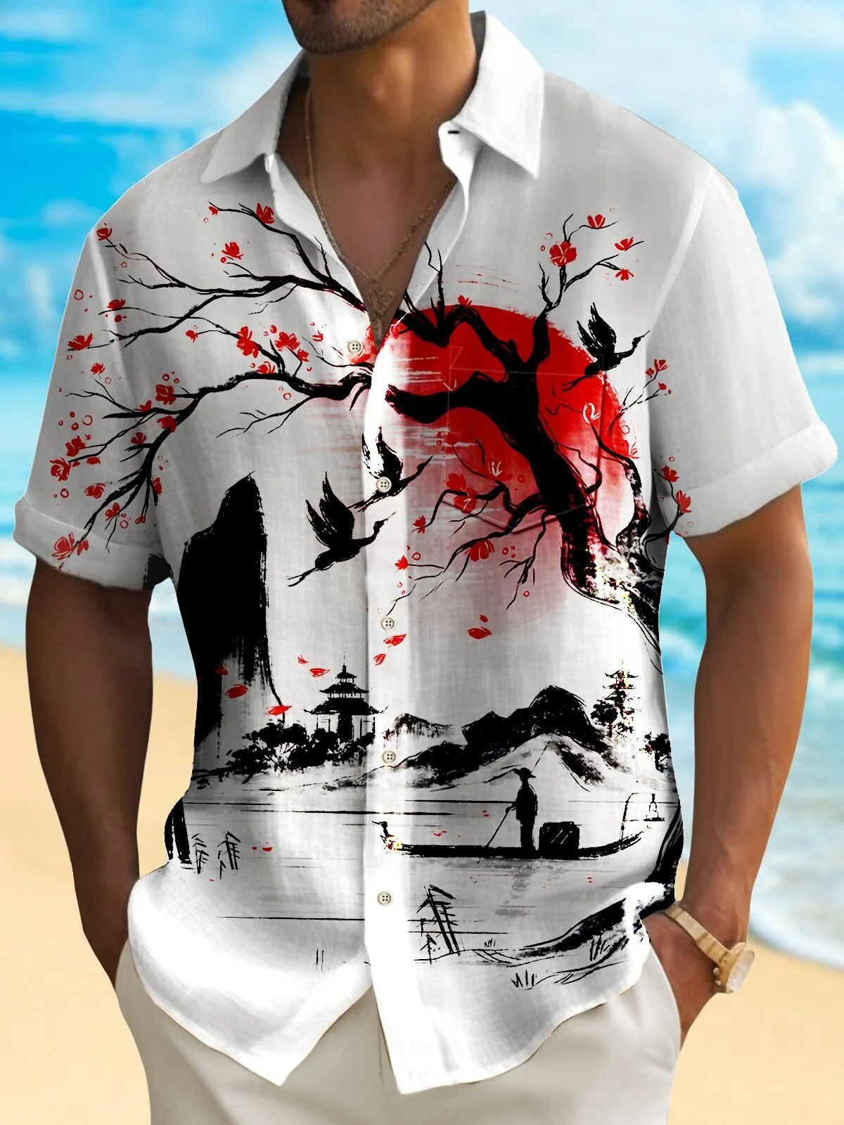 Japanese Plum Blossom Art White Hawaiian Shirt for Men